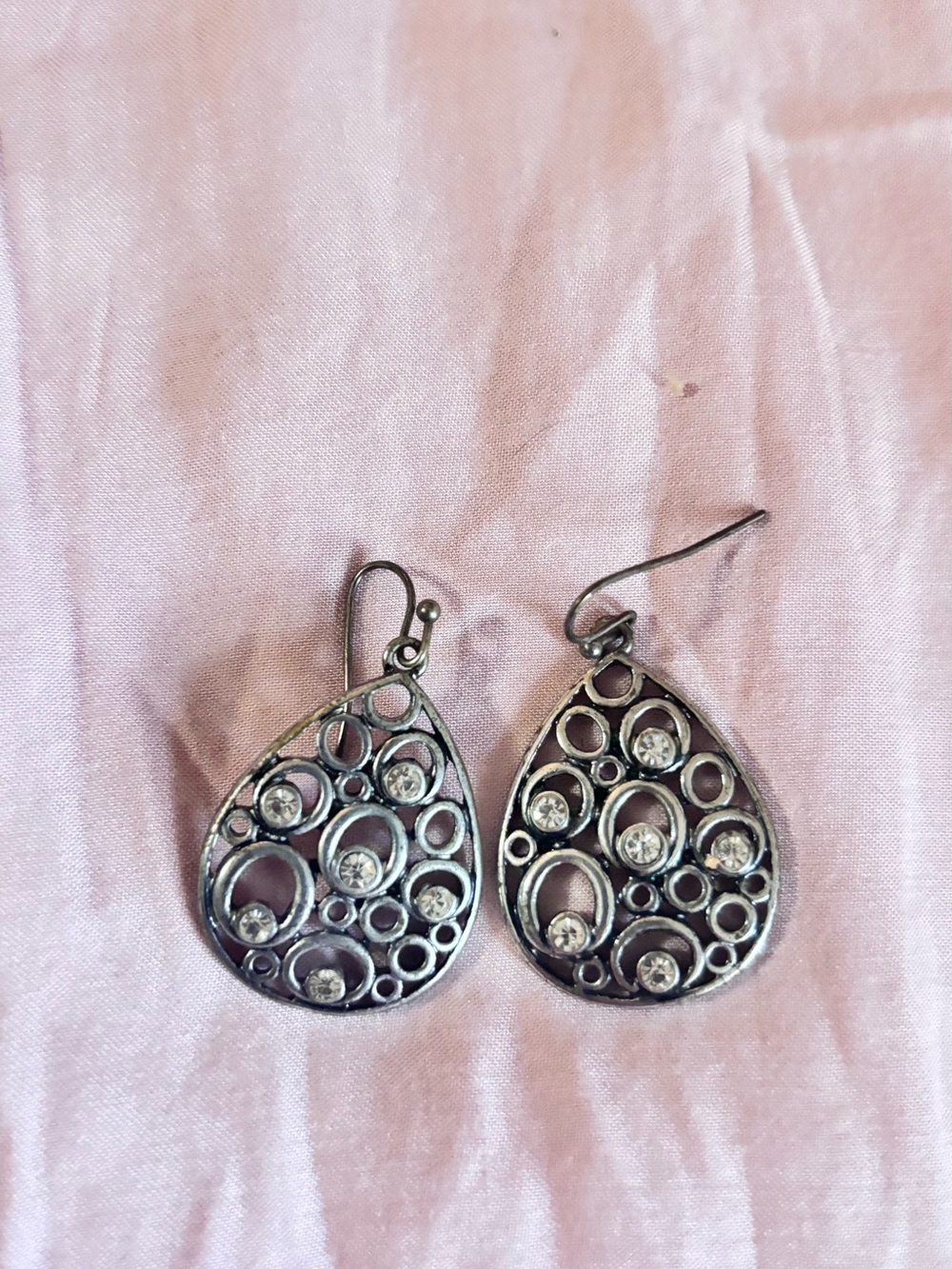 Silver Tone Teardrop Circle Crystal Dangle Earrings